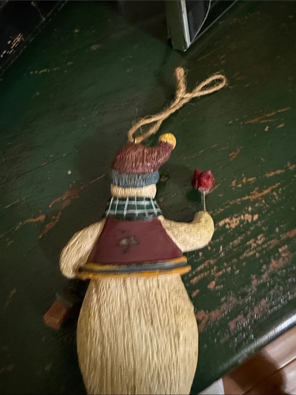 Handcrafted Snowman Hanging Ornament in Cream, Green, Blue